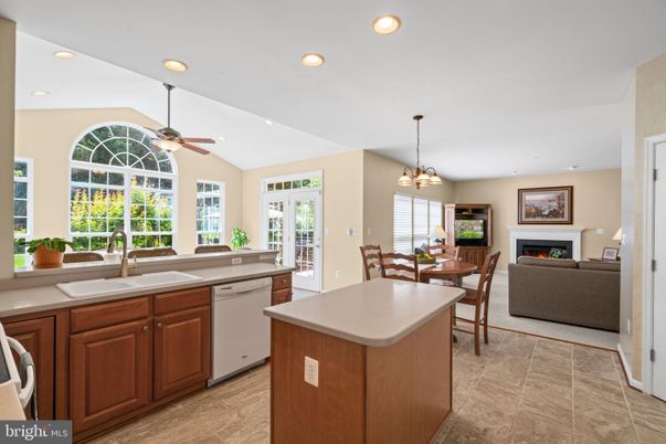 Dining room, Fireplace, Interior, Kitchen, Living room, Pendant Lights, Recessed Lighting