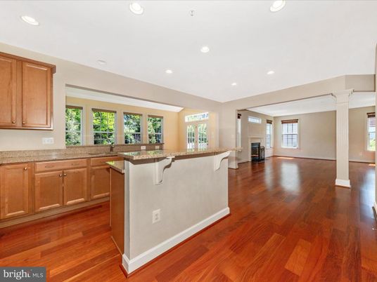 Empty room, Fireplace, Interior, Kitchen, Recessed Lighting, Wood Texture Flooring