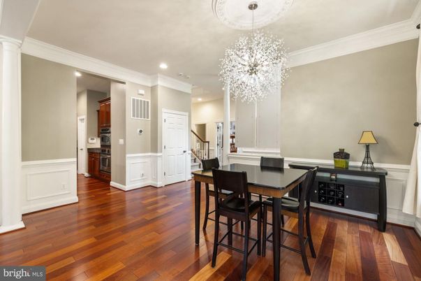 Chandelier, Dining room, Interior, Kitchen, Recessed Lighting, Wood Texture Flooring