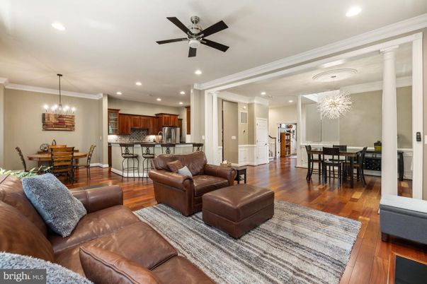 Chandelier, Dining room, Interior, Kitchen, Living room, Pendant Lights, Recessed Lighting, Wood Texture Flooring