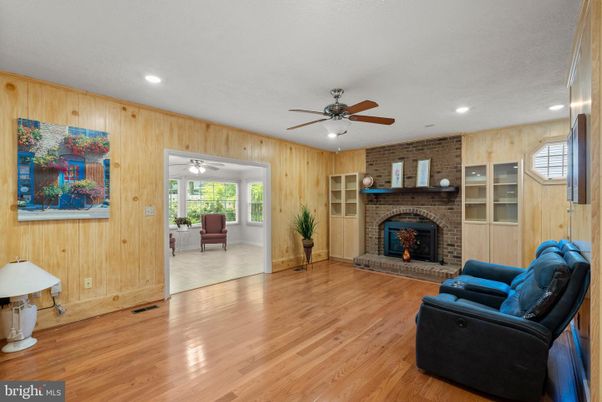 Fireplace, Interior, Recessed Lighting, Stone Walls, Wood Texture Flooring, Wooden Walls
