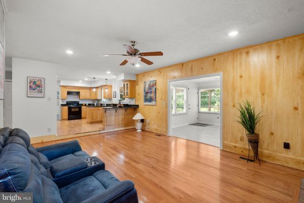 Interior, Kitchen, Living room, Recessed Lighting, Wood Texture Flooring, Wooden Walls