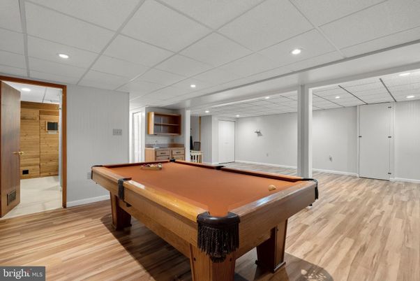 Billiard Table, Game Room, Interior, Recessed Lighting, Wood Texture Flooring, Wooden Walls