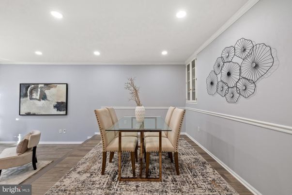 Dining room, Interior, Recessed Lighting, Wood Texture Flooring