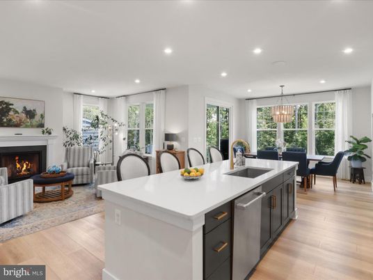 Dining room, Fireplace, Interior, Kitchen, Living room, Pendant Lights, Recessed Lighting, Wood Texture Flooring