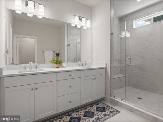 Bathroom, Dual Sink Vanities, Glass Shower, Interior, Marble Walls