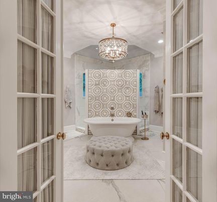 Bathroom, Chandelier, Free Standing Baths, Interior, Marble, Marble Walls, Recessed Lighting