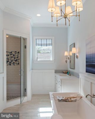 Bathroom, Chandelier, Interior, Recessed Lighting, Wood Texture Flooring