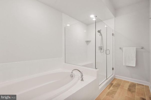 Bathroom, Glass Shower, Interior, Recessed Lighting, Wood Texture Flooring
