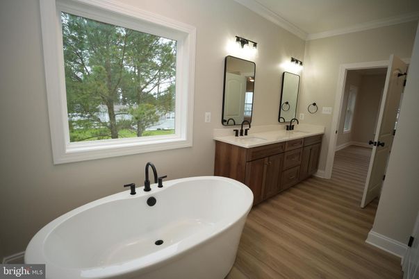 Bathroom, Dual Sink Vanities, Free Standing Baths, Interior, Wood Texture Flooring