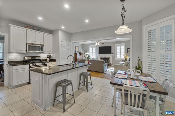 Dining room, Fireplace, Interior, Kitchen, Living room, Pendant Lights, Recessed Lighting, Stainless Steel Appliances