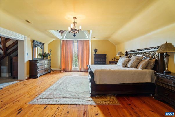 Bedroom, Chandelier, Interior, Wood Texture Flooring