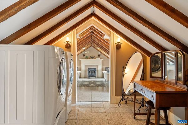Fireplace, Interior, Washer, Wooden Beams