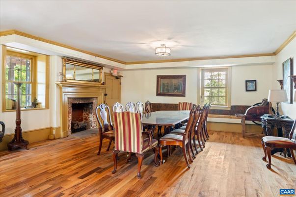 Dining room, Fireplace, Interior, Wood Texture Flooring
