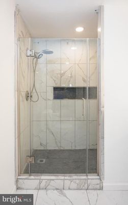 Bathroom, Glass Shower, Interior, Marble Walls, Recessed Lighting