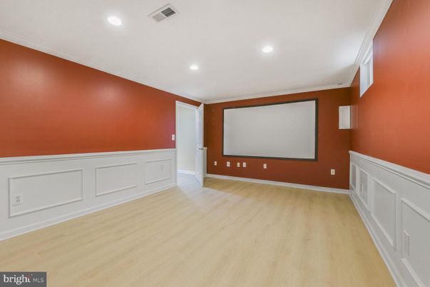 Empty room, Interior, Projection Screen, Recessed Lighting, Wood Texture Flooring