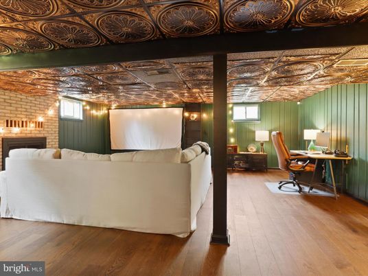 Fireplace, Home Office, Interior, Living room, Stone Walls, Wood Texture Flooring