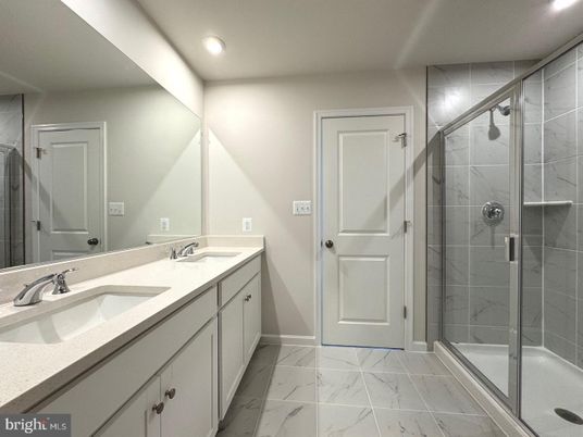 Bathroom, Dual Sink Vanities, Glass Shower, Interior, Marble, Recessed Lighting