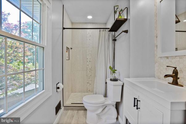 Bathroom, Glass Shower, Interior, Recessed Lighting, Wood Texture Flooring