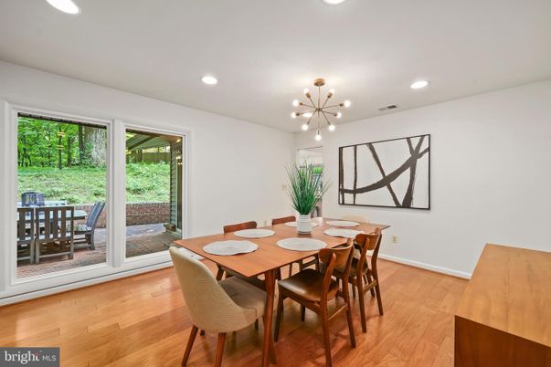 Dining room, Interior, Pendant Lights, Recessed Lighting, Wood Texture Flooring