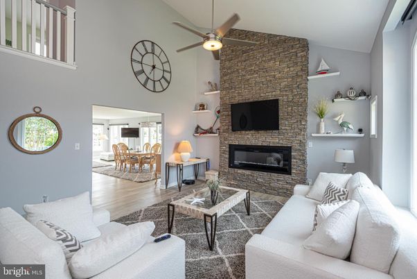 Dining room, Fireplace, Interior, Living room, Stone Walls, Wood Texture Flooring