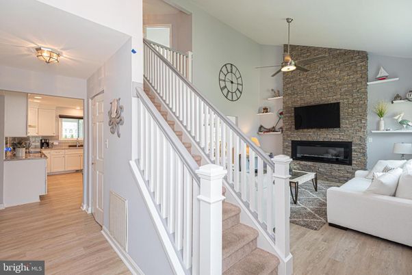Fireplace, Interior, Kitchen, Living room, Stone Walls, Wood Texture Flooring