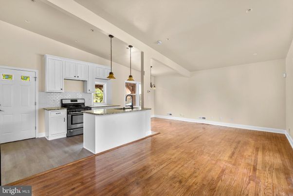 Empty room, Interior, Kitchen, Pendant Lights, Recessed Lighting, Stainless Steel Appliances, Wood Texture Flooring