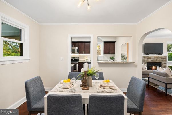 Dining room, Fireplace, Interior, Kitchen, Living room, Stainless Steel Appliances, Wood Texture Flooring