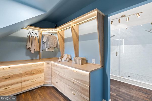 Bathroom, Glass Shower, Interior, Walk-in Closets, Wood Texture Flooring