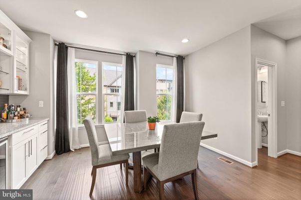 Dining room, Interior, Recessed Lighting, Wood Texture Flooring