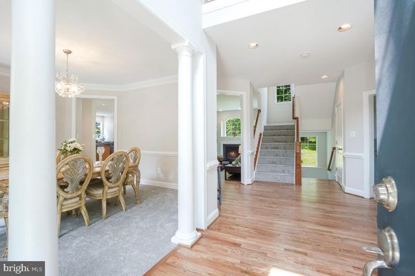 Chandelier, Dining room, Fireplace, Interior, Recessed Lighting, Wood Texture Flooring