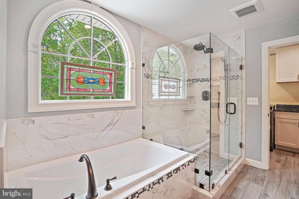 Bathroom, Glass Shower, Interior, Marble Walls, Wood Texture Flooring