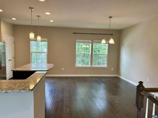 Empty room, Interior, Pendant Lights, Recessed Lighting, Wood Texture Flooring