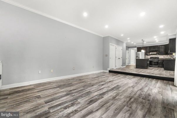 Empty room, Interior, Kitchen, Pendant Lights, Recessed Lighting, Wood Texture Flooring