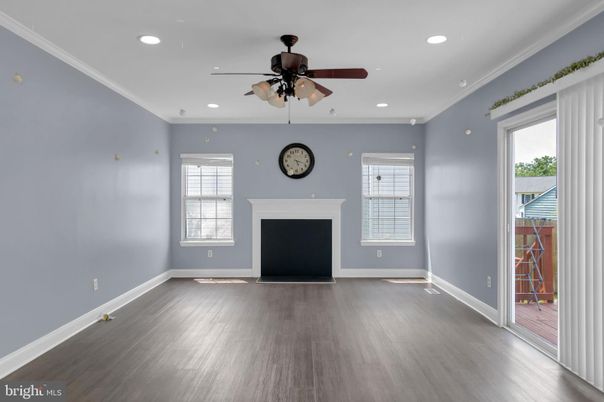 Empty room, Fireplace, Interior, Recessed Lighting, Wood Texture Flooring