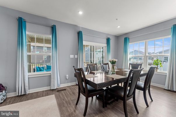 Dining room, Interior, Recessed Lighting, Wood Texture Flooring