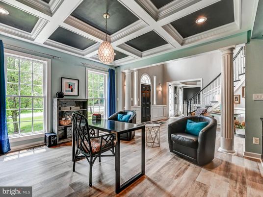 Dining room, Fireplace, Interior, Pendant Lights, Recessed Lighting, Wood Texture Flooring