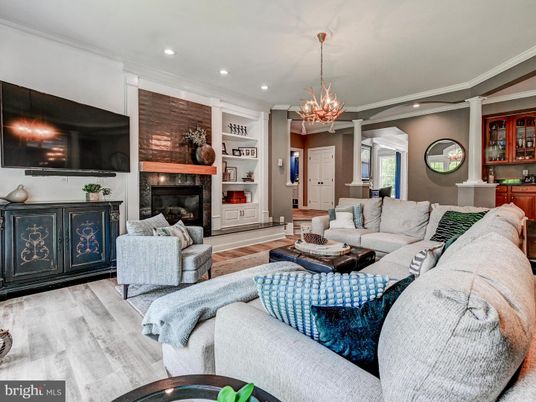 Chandelier, Fireplace, Interior, Living room, Recessed Lighting, Wood Texture Flooring