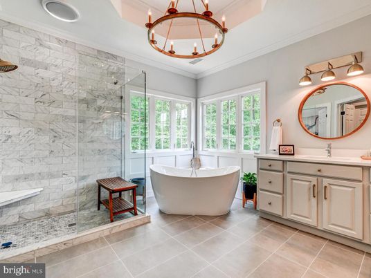 Bathroom, Free Standing Baths, Glass Shower, Interior, Marble Walls, Recessed Lighting