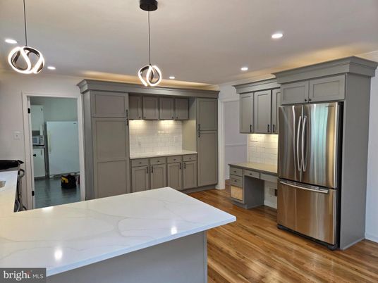Interior, Kitchen, Pendant Lights, Recessed Lighting, Stainless Steel Appliances, Wood Texture Flooring