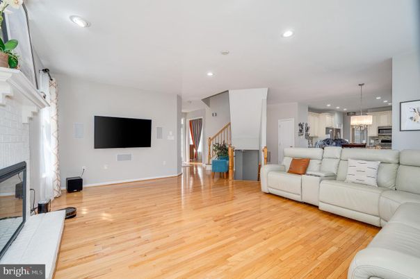 Dining room, Fireplace, Interior, Kitchen, Living room, Pendant Lights, Recessed Lighting, Wood Texture Flooring
