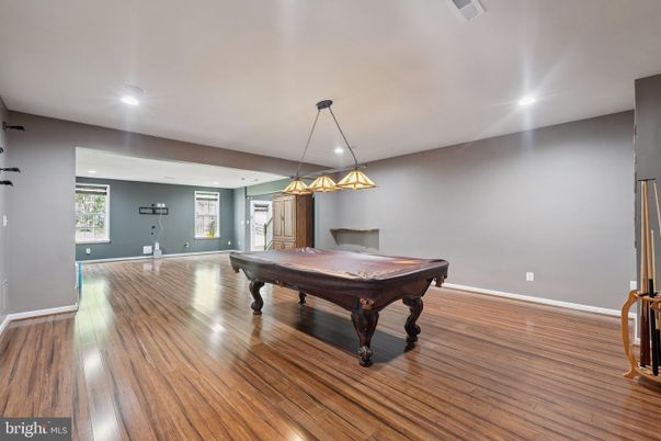 Billiard Table, Game Room, Interior, Pendant Lights, Recessed Lighting, Wood Texture Flooring