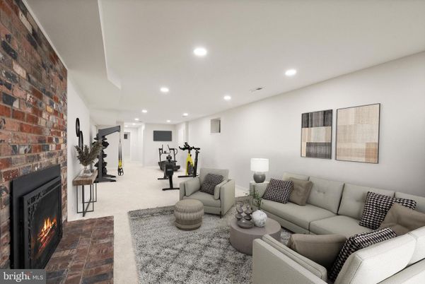 Fireplace, Fitness Equipment, Interior, Living room, Recessed Lighting, Stone Walls
