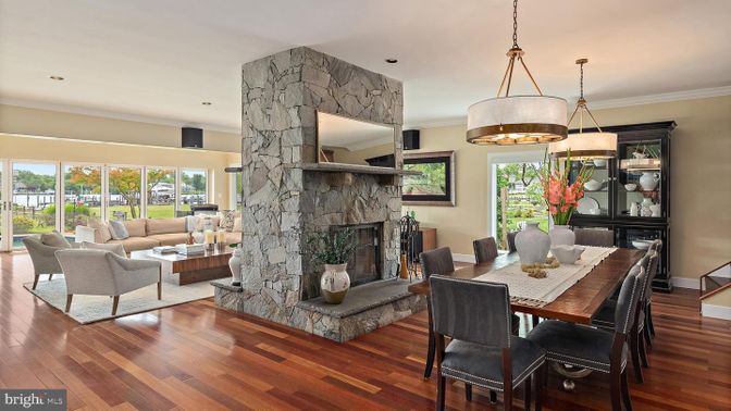 Dining room, Fireplace, Interior, Living room, Pendant Lights, Recessed Lighting, Wood Texture Flooring
