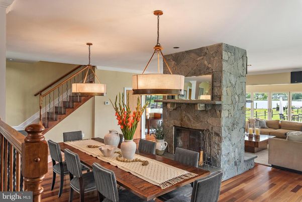 Dining room, Fireplace, Interior, Living room, Pendant Lights, Wood Texture Flooring