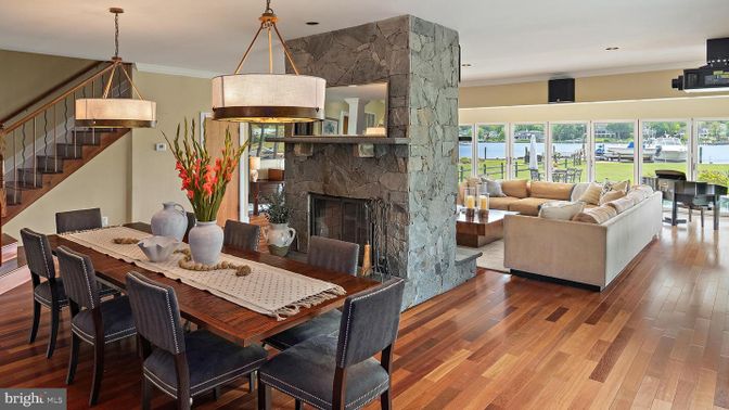 Dining room, Fireplace, Interior, Living room, Pendant Lights, Recessed Lighting, Wood Texture Flooring