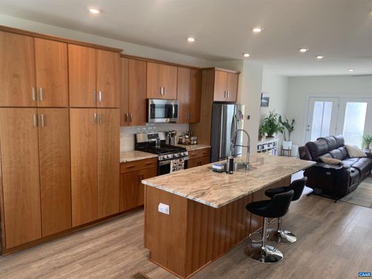 Interior, Kitchen, Living room, Recessed Lighting, Stainless Steel Appliances, Wood Texture Flooring