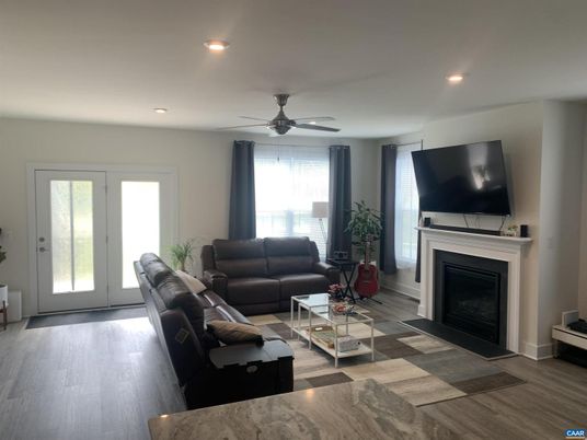 Fireplace, Interior, Living room, Recessed Lighting, Wood Texture Flooring