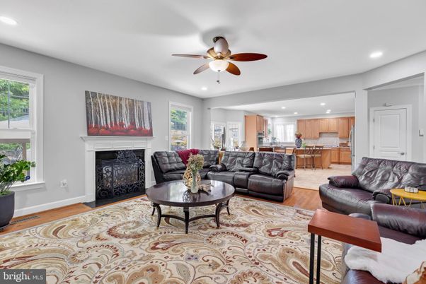 Fireplace, Interior, Kitchen, Living room, Recessed Lighting, Wood Texture Flooring