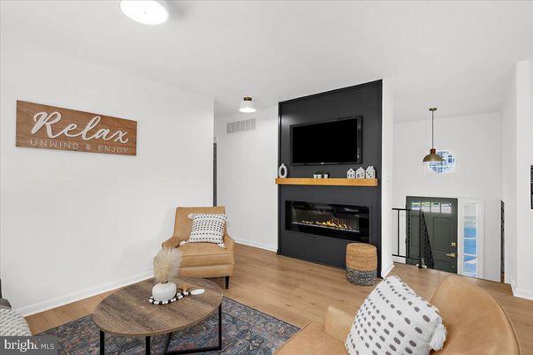 Fireplace, Interior, Living room, Pendant Lights, Wood Texture Flooring